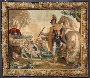 Kong Alexander den store (356-323 f.Kr.) brente all unødvendig bagasje før reisen til India. Billedteppe laget av produsenter i Brussel. 1500-tallets gener, Musei di Strada Nuova av Belgian School