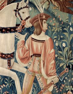 Middelalder: begynnelsen for jakt på falk, til hest. Detalj av et silke- og ullteppe fra begynnelsen av 1500-tallet. Fra Hainaut. Paris, Nasjonalmuseet for middelalderen, Thermes de Cluny av Belgian School