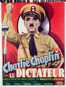 Plakat som reklamerer for Charlie Chaplins 'The Great Dictator', først utgitt i 1940, ca. 1945 (farge litho)