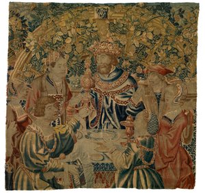 Tapestry, bankett med konge i en arkade, muligens laget i Brussel, Belgia av Belgian School