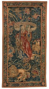 Tapestry, Sibylla Europa (ett av sett med seks sibyller bestående av 46.134 til 45.139) kalt 'The Rothamsted Tapestries'. Laget i Flandern, Tournai eller Brussel, Belgia, ca. 1530 (ull) av Belgian School