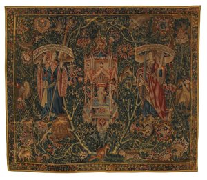 Tapestry, Sibylla Libya og Europa (ett av sett med seks sibyler, bestående av 46.134 til 46.139) kalt 'Rothamsted-teppet', laget i Flandern, Tournai eller Brussel, Belgia, ca. 1530 (ull) av Belgian School