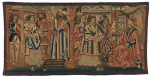 Tapestry, To scener fra Life of St Lawrence, muligens laget i Tournai, Belgia eller Nedre Rheinland, Frankrike eller Tyskland av Belgian School