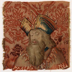 Tapetpanel som viser hodet til en prest eller konge, laget muligens i Tournai, Belgia, muligens tidlig på 1500-tallet (ull) av Belgian School