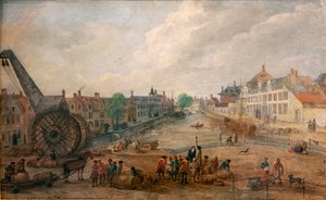 Utsikt over Ghent Lievekaai og Augustijnenkaai med en trekran, kopi av et maleri fra 1700-tallet av Engelbert van Siclers av Belgian School