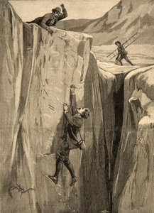 En turist som henger i en sprekk i Alpene, fra 'Le Petit Parisien', 23. august 1891