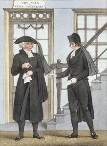 Begravelsestjenestemenn i Amsterdam, illustrasjon fra 'Kostumersamlinger fra de nordlige provinsene i kongeriket Nederland ...' gravert av Villeneuve, 1828 av Bendrik Greeven