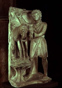 Tresking av hvete: juli fra en statuær kalender for månedenes arbeid, ca. 1200 (stein)
