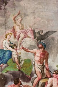 Allegorisk skildring av Olympen med Jupiter, Ceres og Vulcan, detalj av apoteosen til arbeid, jordbruk, kunst og vitenskap (fresco) av Benedetto Cotarti