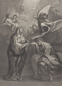 Plate 6: St. Josefs drøm, med Jomfru Maria til venstre og en engel over som peker ..., 1777 av Benedetto Eredi