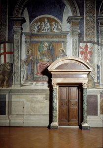 Saint Zanobius, Saint Lawrence og Saint Stephen (Hall of Lilies) (fresco av Benedetto da Maiano