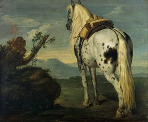 En Selle Français-hest i et landskap av Benigne Gagnereaux