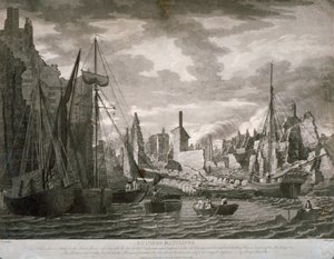Utsikt over Ratcliffe-området, London, som viser ruinene etter brannen 23. juli, 1794 av Benjamin Burnell