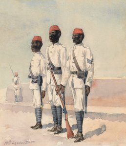 Sersjant og to andre ranger fra den 10. sudanesiske bataljonen, ca. 1889 (akvarell) av Benjamin Donisthorpe Alsop Donne