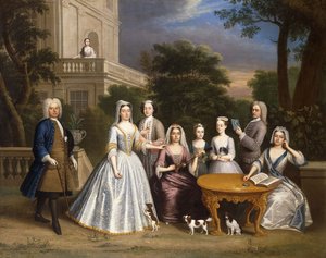 Gruppeportrett av en familie, på eiendommen til et landsted, av Benjamin Ferrers