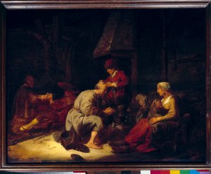 Operasjonen har en forstørrelsesglasskirurg som opererer en av pasientene sine i hodet. Maleri av Benjamin Gerritsz Cuyp