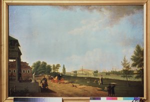 Utsikt over Kamenny-palasset (Island of Stone), i St. Petersburg. Maleri av Benjamn Paterssen (1748-1815), olje på lerret