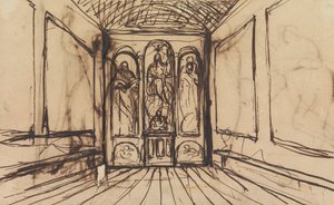 Studie av et interiørrom med religiøse bilder på veggpanelene av Benjamin Robert Haydon