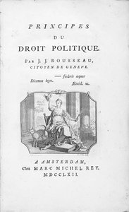 Frontispice av "Principals of Political Right" av Jean Jacques Rousseau, med allegorisk frihetsvignett, gravert av Borly, utgitt 1762
