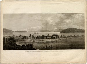 Utsikt over byen og havnen i Petropavlovsk-Kamchatsky fra reisen til Stillehavet, 1785 av Benjamin Thomas Pouncey