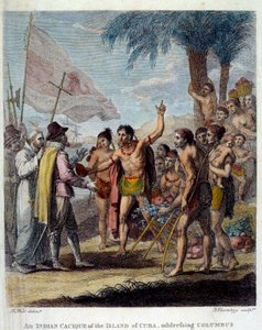En indisk Cacique fra øya Cuba ønsker Christopher Columbus (1451-1506) og europeiske militære og kirkelige representanter velkommen for å diskutere opprettelsen av en ny stat. Frontispice av "Sivil og kommersiell historie til de britiske koloniene i W av Benjamin West