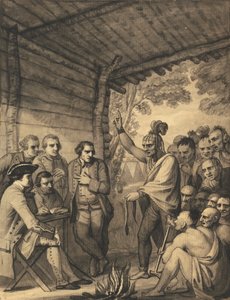 Indianerne holdt en tale med oberst Bouquet på en konferanse ved en rådsbrann nær leiren hans på bredden av Muskingum i Amerika, i oktober 1764, 1765 av Benjamin West