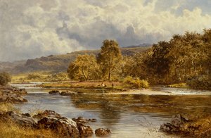An Island on the LLugwy Like Below Capel Curig, North Wales (olje på lerret) av Benjamin Williams Leader