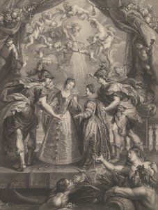 Plate 17: Utvekslingen av de to prinsessene i Hendaye, allegorisk scene med Anne av..., 1707-10 av Benoit Audran I