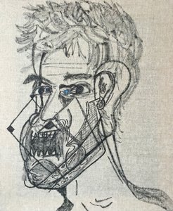 Selvportrett med hevet hånd, 2017 (olje på lerret) av Benoit Erwann Boucherot