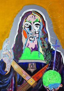 Overraskelse: Salvator Mundi, 2020 (olje, papir og akryl på lerret)