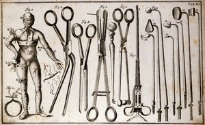Ulike typer tang og kirurgiske instrumenter. En mann som har på seg forskjellige typer turneringer og bandasjer. Operationsplate illustrert av Benoist Louis Prevost (1735-1809). 18. århundre