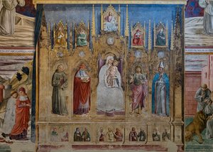 En falsk polyptyk med Jomfru Maria og barnet, S. Antonius av Padua, St. Hieronymus, St. Johannes og St. Louis av Toulouse, St. Hieronymus kapell av Benozzo di Lese di Sandro Gozzoli