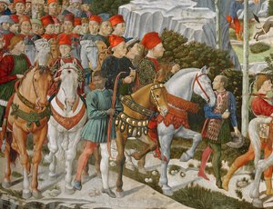 Galeazzo Maria Sforza, hertug av Milano (1444-76), ytterst til venstre, på en brun hest og Sigismondo Pandolfo Malatesta, hersker over Rimini (1417-68) ved siden av ham på en grå hest, detalj fra Journey of the M av Benozzo di Lese di Sandro Gozzoli
