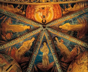 Italia, Montefalco, Apsis-hvelvet fra Saint Francis-kirken malt med helgener av Benozzo di Lese di Sandro Gozzoli
