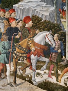 Portretter av Piero deMedici på et muldyr, Cosimo de Medici-senteret og hertugen Salviati på hesteryggen, detalj fra Journey of the Magi-syklusen i kapellet, ca. 1460 freskodetalj av 70619 av Benozzo di Lese di Sandro Gozzoli