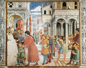 St Augustine tatt av foreldrene til grammatikklærer ved Tagaste, av Benozzo Gozzoli (1420-1497), freskomaleri, St. Augustine-kirken, San Gimignano (UNESCOs verdensarvliste av Benozzo di Lese di Sandro Gozzoli