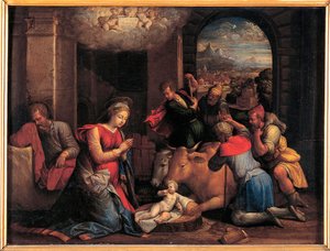 Hyrdenes tilbedelse - Maleri av Benvenuto Tisi da Garofalo (Il Garolafo) (1481-1559), olje på tre, 41,5x55 cm av Benvenuto Tisi da Garofalo