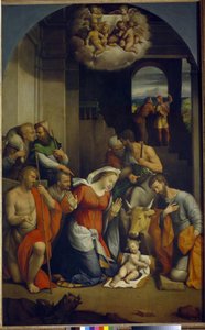 Tilbedelse av Kristusbarnet (tilbedelse av hyrdene). (Tilbedelsen av Kristusbarnet). Maleri av Benvenuto Tisi Da Garofalo (1481-1559), olje på lerret av Benvenuto Tisi da Garofalo