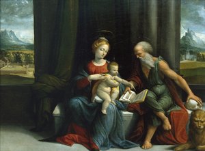 Madonna and Child og St. Jerome, ca. 1530-tallet (olje på panel)