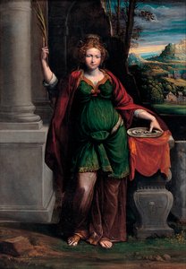 Saint Lucia (av Syracuse) (tidlig 4. århundre) holder et brett med to øyne (Saint Lucy) - Maleri av Benvenuto Tisi da Garofalo (Il Garolafo) (1481-1559), olje på tre, 63x44 cm