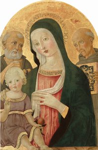Madonna og barn med Saint Jerome og Saint Bernardino av Siena, ca. 14801485.