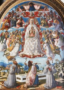 The Assumption of the Virgin med Saint Thomas som mottar beltet mellom de hellige Frans av Assisi og Anthony av Padua, 1480-tallet