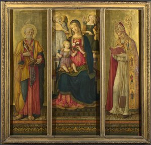Jomfru og barn med de hellige Peter og Nicholas, 1479 av Benvenuto di Giovanni