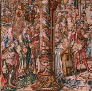 flamsk billedvev. Serien The Honours. Tro (La Fe). Første billedvev i serien. Modelltegnere fra kretsen til Bernard van Orley og Jan Gossaert (Mabuse). Produksjon Pieter van Aelst, Brussel. Ca 1550. Stoff Gull, sølv, silke og ull.