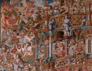 flamsk billedvev. Serien The Honours. Berømmelse (La Fama). Tredje billedvev i serien. Modelltegnere fra kretsen til Bernard van Orley og Jan Gossaert (Mabuse). Produksjon Pieter van Aelst, Brussel. Ca 1550. Stoff Gull, sølv, silke og ull.