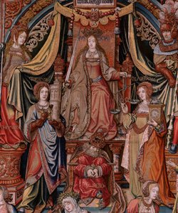 flamsk billedvev. Serien The Honours. Rettferdighet (La Justicia, Los Honores). Niende billedvev i serien. Modelltegnere fra kretsen til Bernard van Orley og Jan Gossaert (Mabuse). Produksjon Pieter van Aelst, Brussel. Ca 1550. Stoff Gull, sølv,