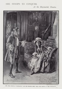 En forestilling av Oliver Goldsmiths komedie She Stoops to Conquer på Haymarket Theatre, London (litho)