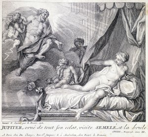 Jupiter (Zeus) brenner Semele med lynet sitt. Gravering av 1700-tallet etter tegningen av B. Picart laget i 1708. av Bernard (after) Picart