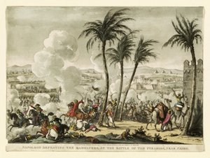Napoleon beseiret mamelukkene i slaget ved pyramidene, nær Kairo, gravert av George Cruikshank (1769-1823), pub. 1823 (håndfarget gravering)
