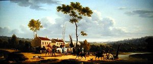 Reisende på hesteryggen i et landskap (olje på lerret)